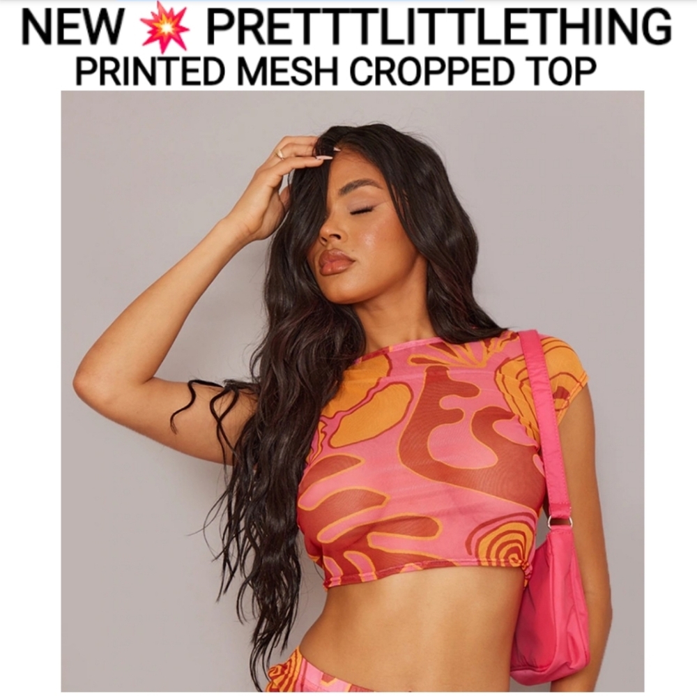 PrettyLittleThing Pink and Orange Printed Mesh Cropped Top, Size 10